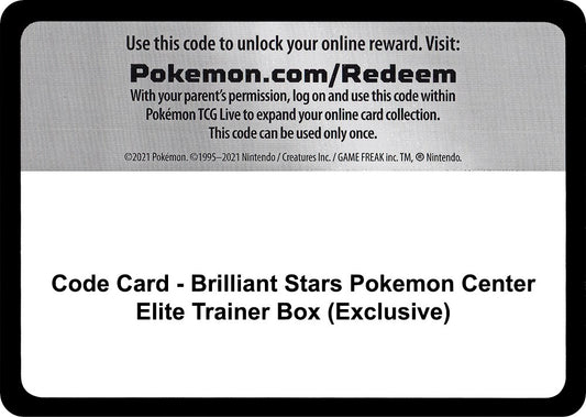 Code Card - Brilliant Stars Pokemon Center Elite Trainer Box (Exclusive) [SWSH09]